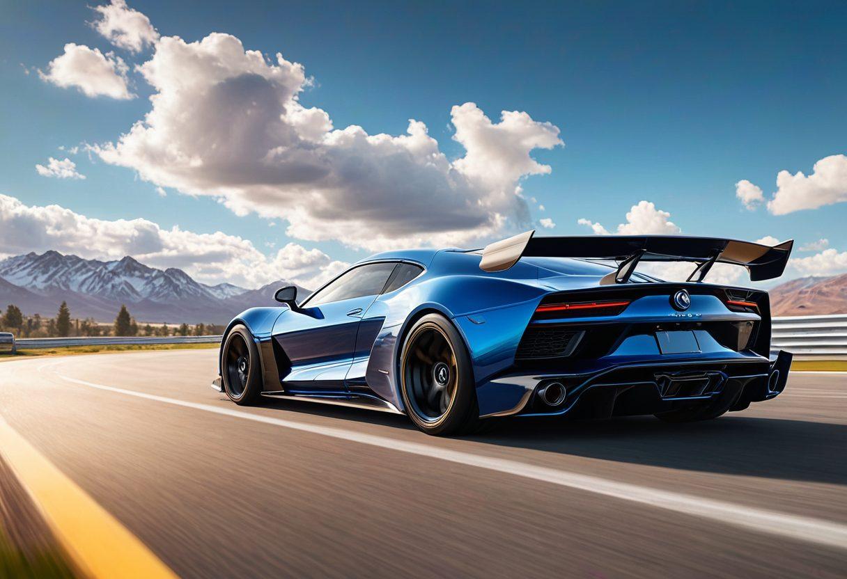 A sleek, modern car with its hood open, showcasing a vibrant engine with glowing elements symbolizing performance enhancements. Surrounding the car are icons of techniques like turbo charging, eco-tuning, and weight reduction, all in an energetic style. The background features a racetrack and a blue sky with fluffy clouds, emphasizing speed and freedom. The overall scene is dynamic and inspiring, inviting readers to explore vehicle performance. super-realistic. vibrant colors. 3D.