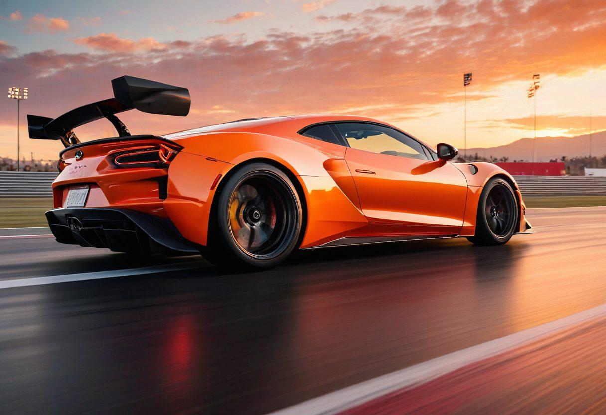 A dynamic scene showcasing a sleek, modified sports car on a racetrack, surrounded by tools and performance parts like exhaust systems, air filters, and tuning gauges. The background features a picturesque sunset with vibrant colors, emphasizing speed and precision. Include elements like a race flag and smoke from the tires to convey energy and excitement. super-realistic. vibrant colors. dynamic composition.